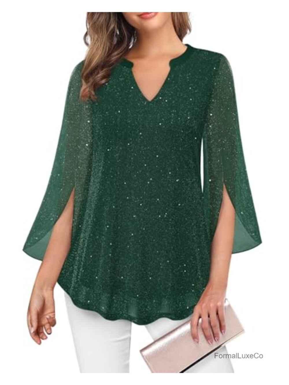Women's 3/4 Sleeve Mesh Floral Tunic Top V Neck Loose Fit Blouse